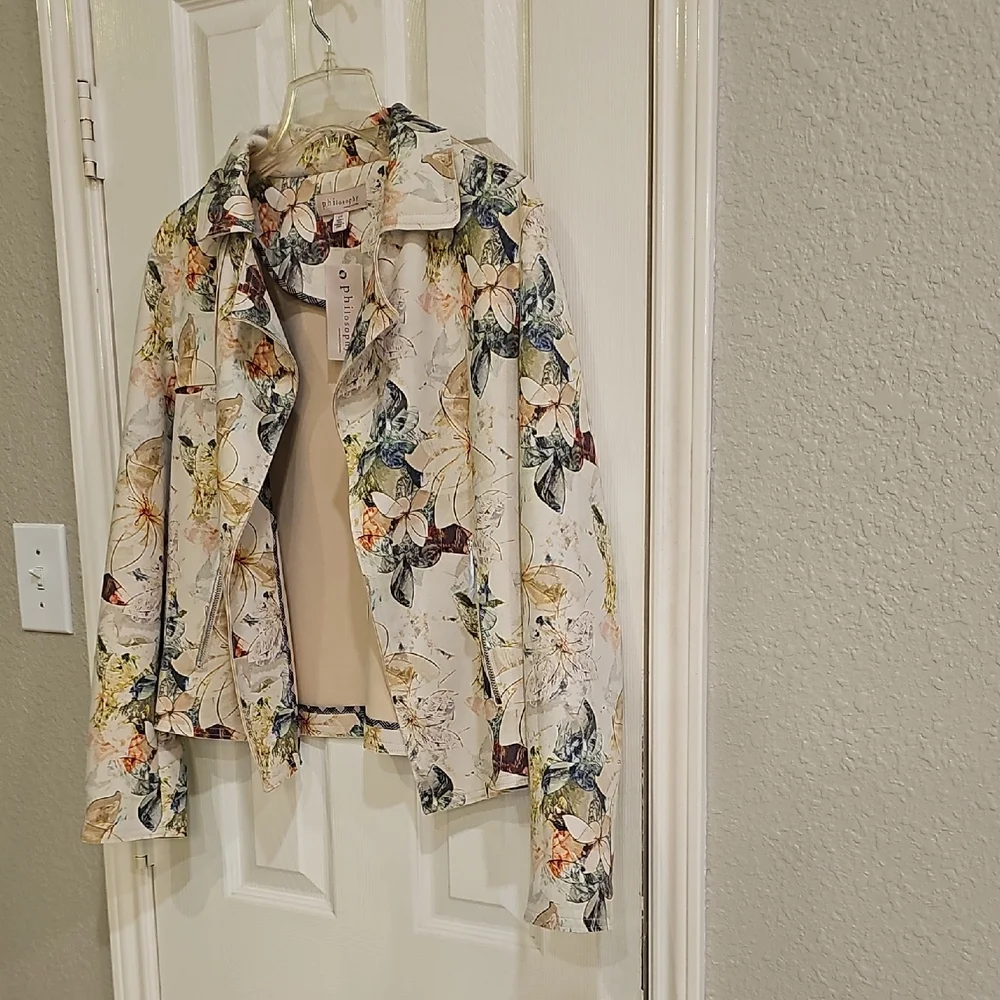 NWT Philosophy Republic Artistic Watercolor Floral Faux Suede Open Jacket Large - Picture 7 of 14